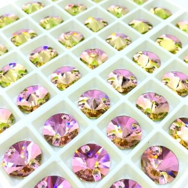 14mm rožinės ir žalsvos sp. apvalios formos prisiuvami kristalai, 2vnt.